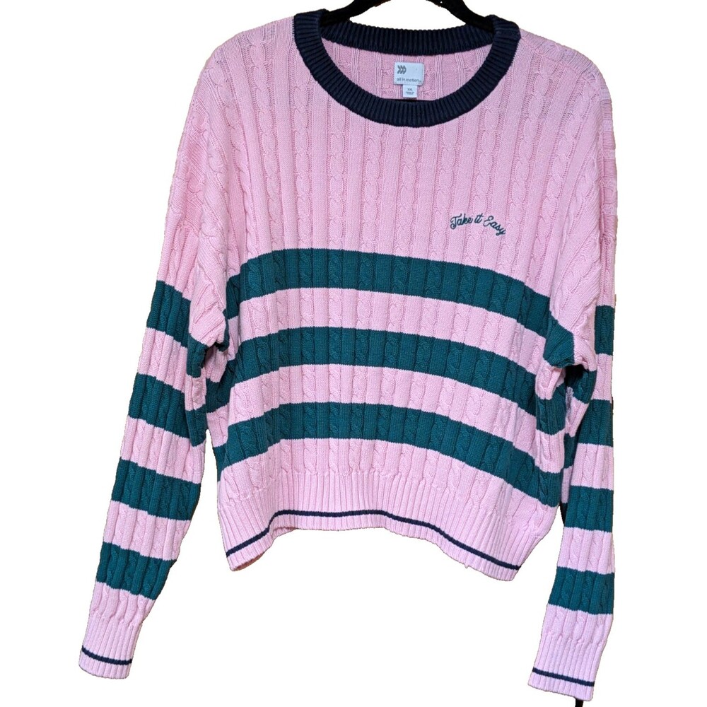 All in Motion Women's Cable-Knit Crew Pullover Sweater XXL 100% Cotton Pink
